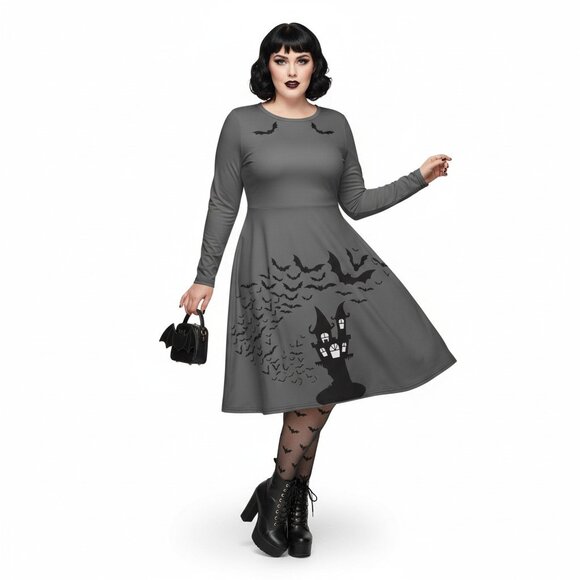 Plus Size Goth Bat Print Long Sleeve Pinup Dress with Pockets - Picture 15 of 17